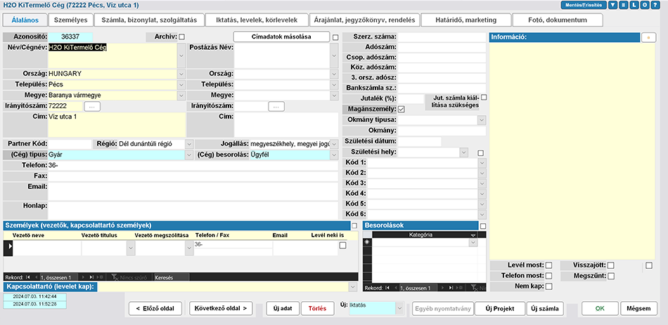 Ügyfél / partner adatai rlap. Els oldal