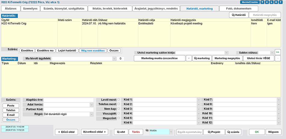 Ügyfél / partner adatai rlap. Határidk és marketing adatok.